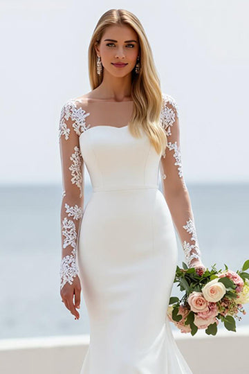 Ivory Satin Mermaid Illusion Neck Chapel Train Wedding Dress with Lace Appliques